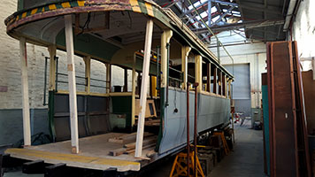 Tram number 7 in a dilapidated state before restoration was complete